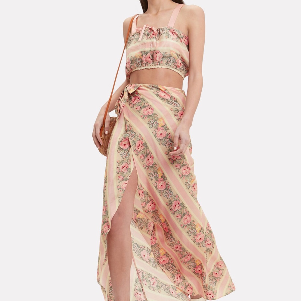 LoveShackFancy pink wrap skirt set with crop top